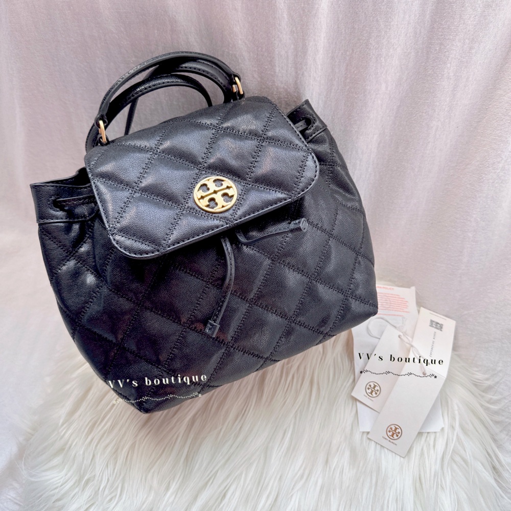 NWT Tory Burch Willa Leather Quilted Backpack Black Gold 137410 RARE